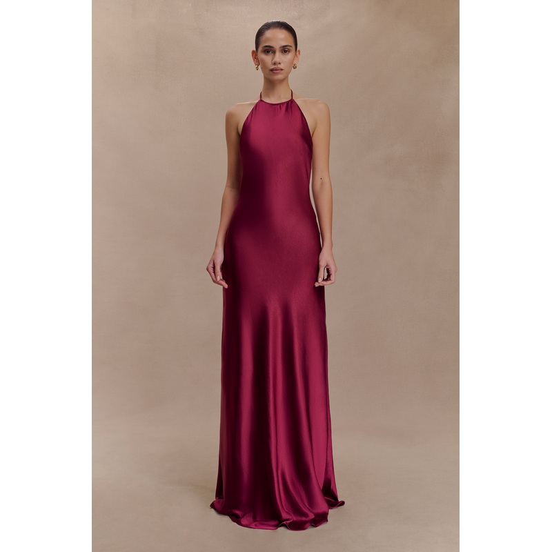 Bella Satin Halter Maxi Dress – Mahogany XXS