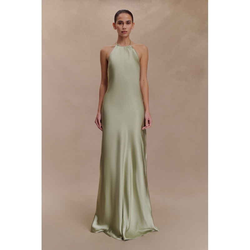 Bella Satin Halter Maxi Dress – Sage XXS