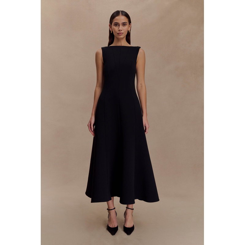 Callista Crepe A-Line Midi Dress – Black XXS