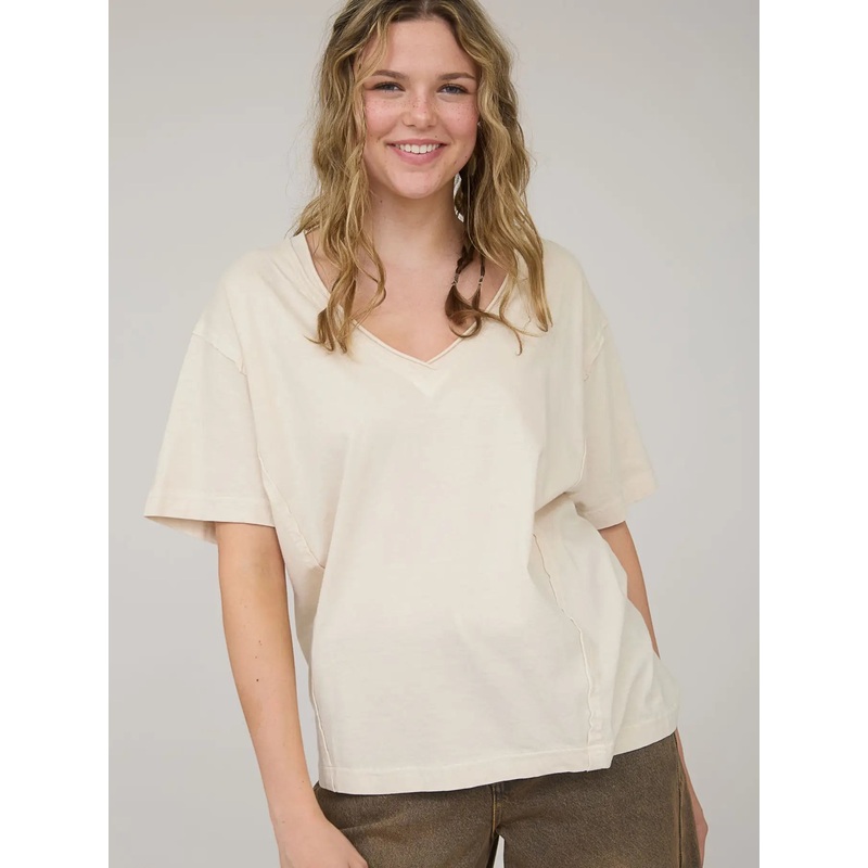 Washed Raw Edge V-Neck Knit Top Khaki Small