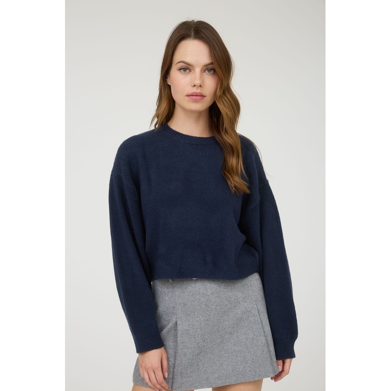 Crew Neck Long Sleeve Cropped Pullover Sweater Navy Small