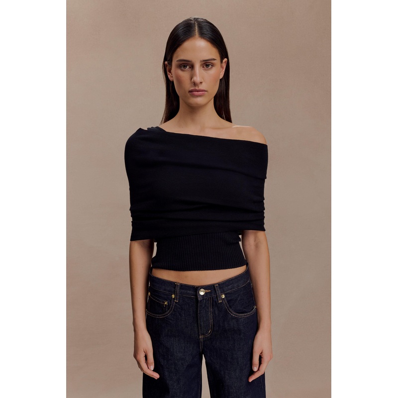 Sierra Asymmetrical Cashmere Blend Knit Top – Black XXS