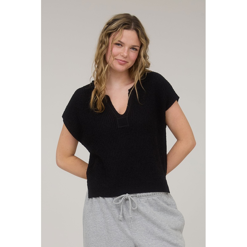 Split Neck Short Sleeve Knit Pullover Black Small