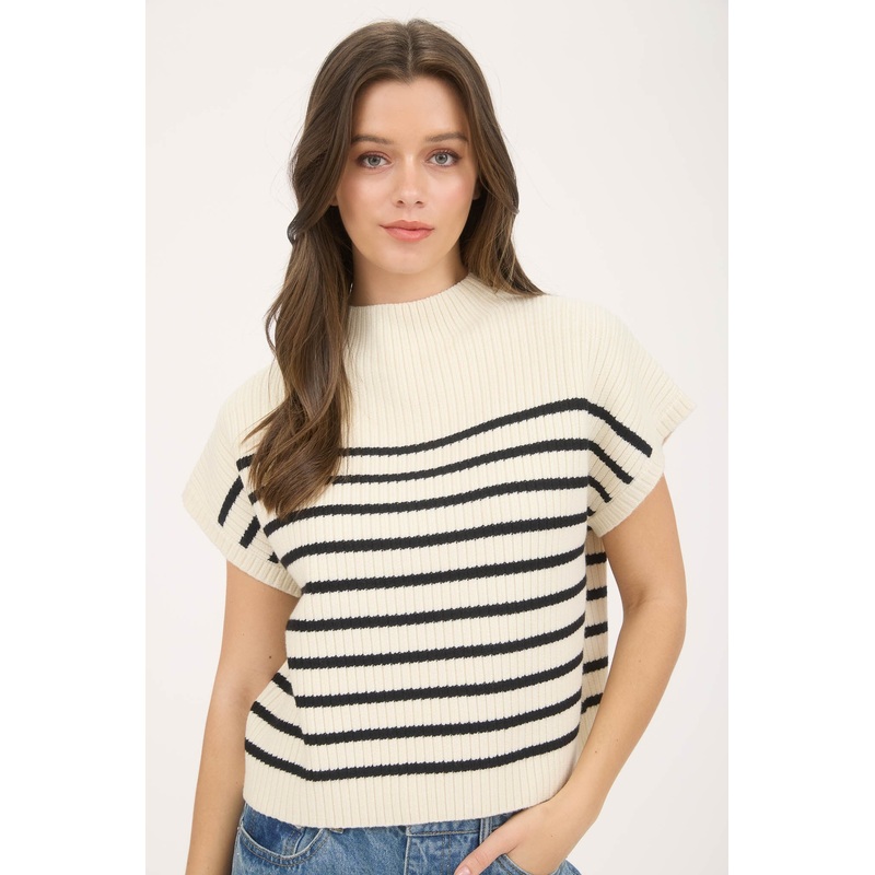 Stripe Mock Neck Short Sleeve Sweater Ivory Small