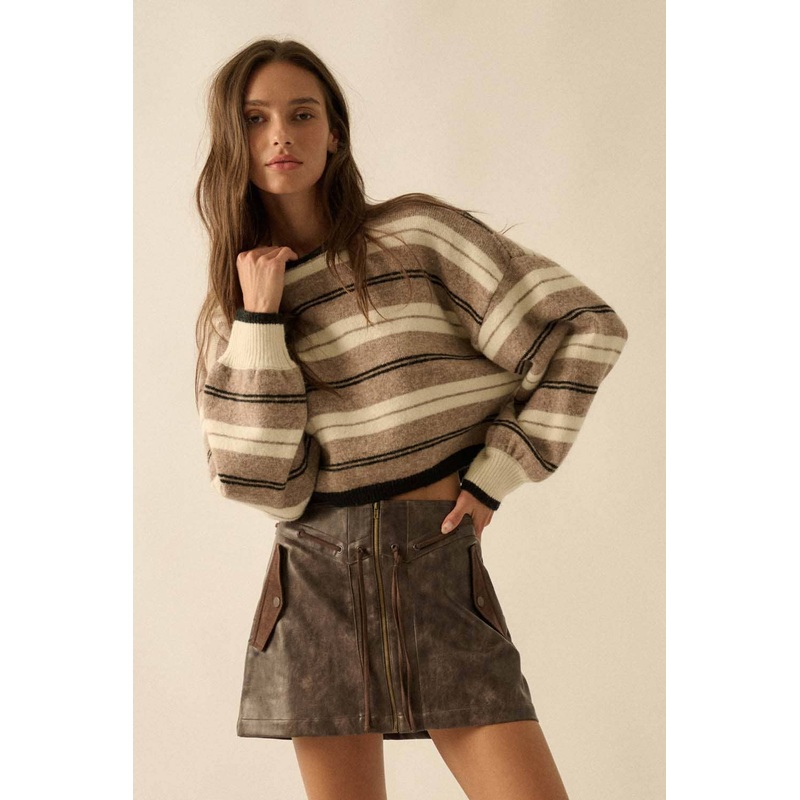 Striped Knit Dolman-Sleeve Loose-Fit Sweater Taupe Small