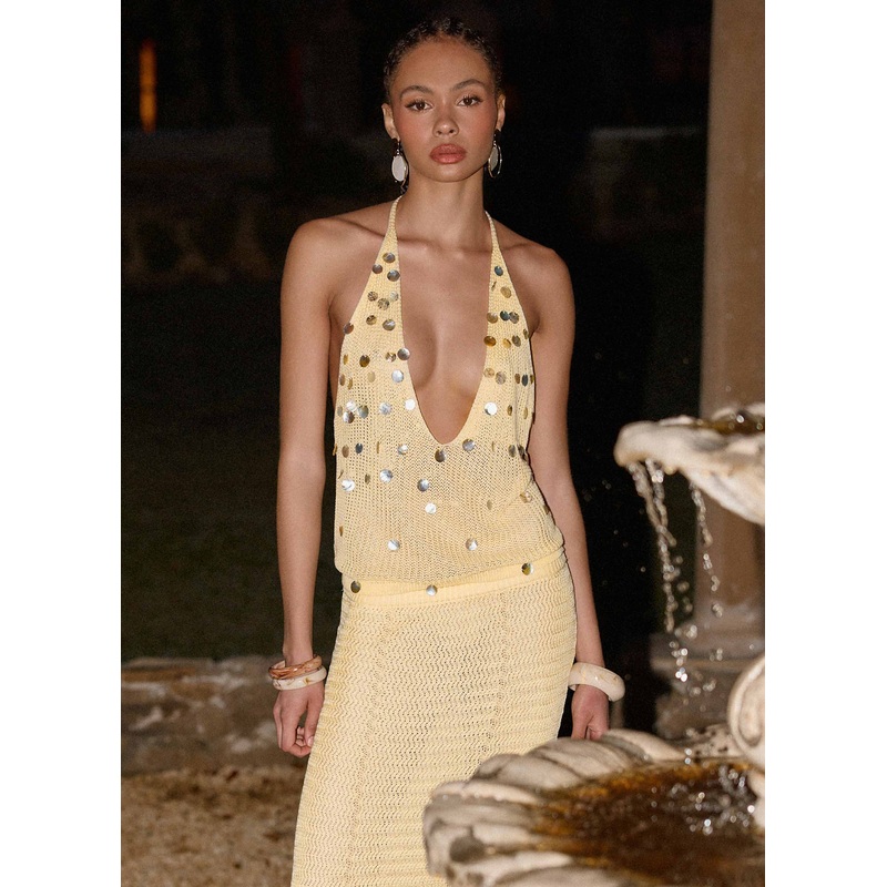 Adelaida Beaded Crochet Top – Yellow Yellow XS