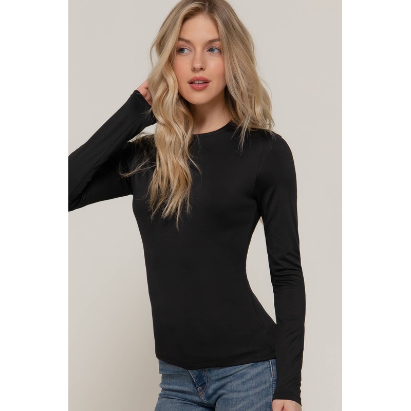 Long Sleeve Crew Neck Double Layer ITY Knit Top Black Small