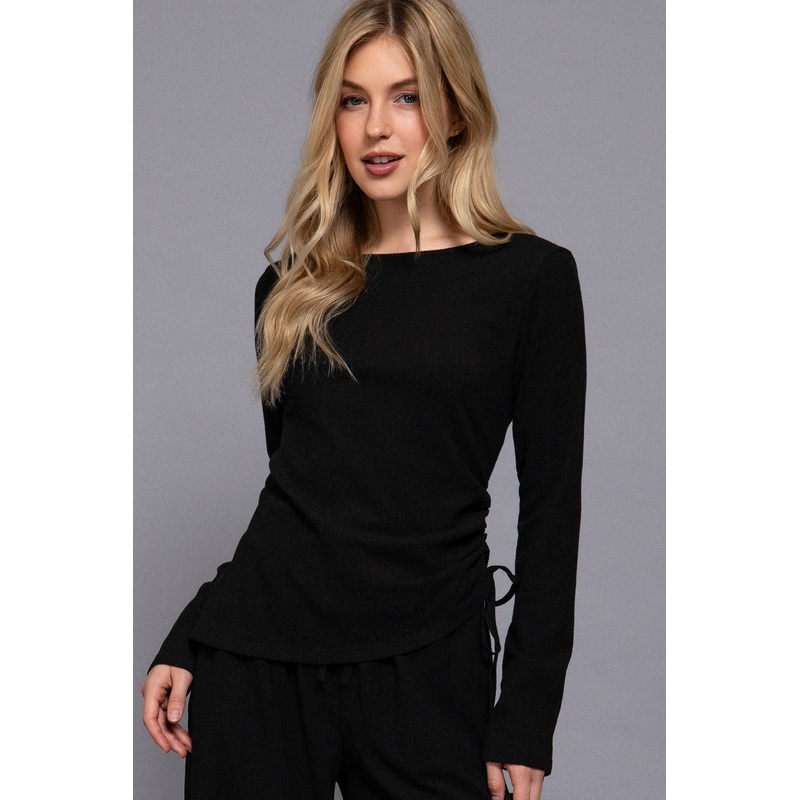 Long Sleeve Round Neck Side Ruched Two Tone Texture Knit Top Black Small
