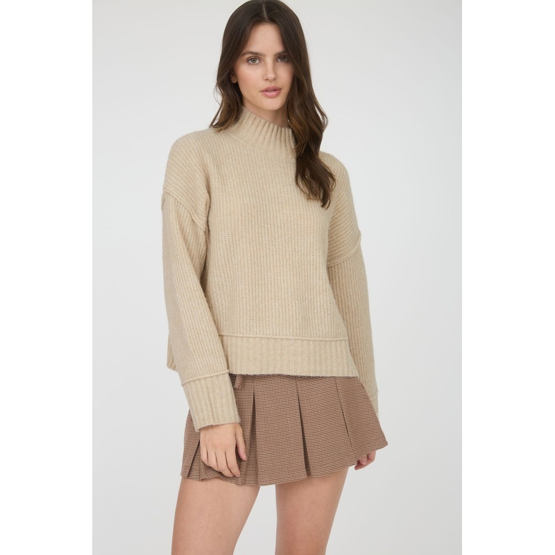 Mock Neck Split Hem Pullover Sweater Khaki Small