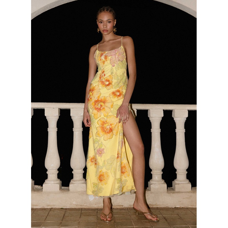 Morning Light Beaded Maxi Dress – Yellow Floral Beaded Yellow Floral Beaded US 0