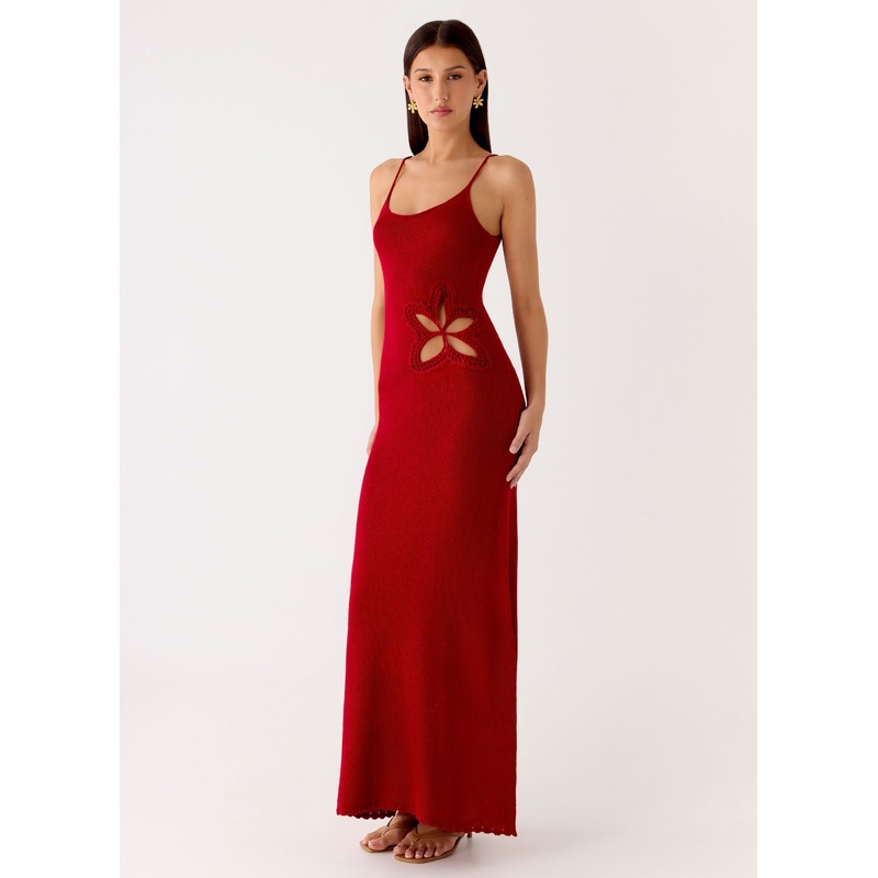 Palm Breeze Flower Crochet Maxi Dress – Burnt Red Burnt Red XS-S