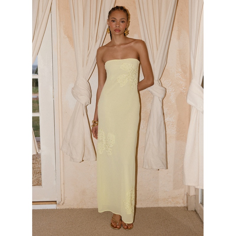 Sassafras Beaded Flower Strapless Maxi Dress – Yellow Yellow US 0