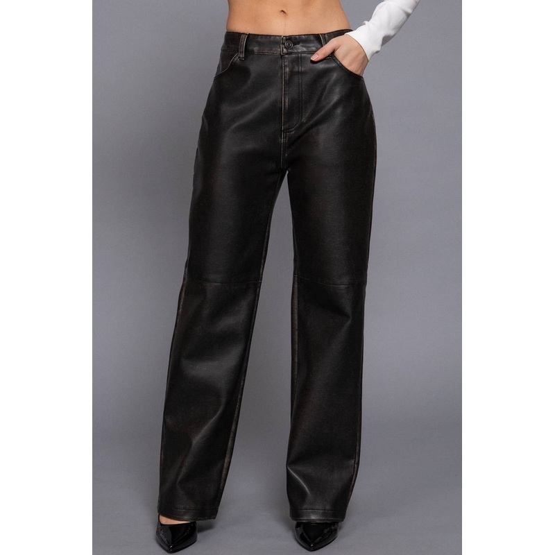 Washed Faux Leather Long Pants Black Small