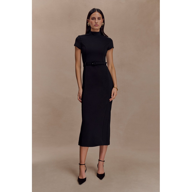 Arwyn Short Sleeve Crepe Midi Dress – Black XXS