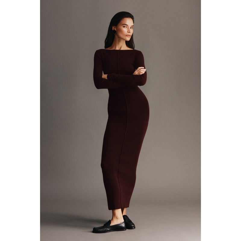Cleona Merino Wool Ribbed Long Sleeve Maxi Dress – Deep Chocolate XXS