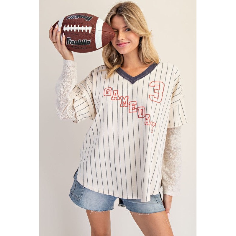 Pinstriped Game Day Lace Top Small Ivory