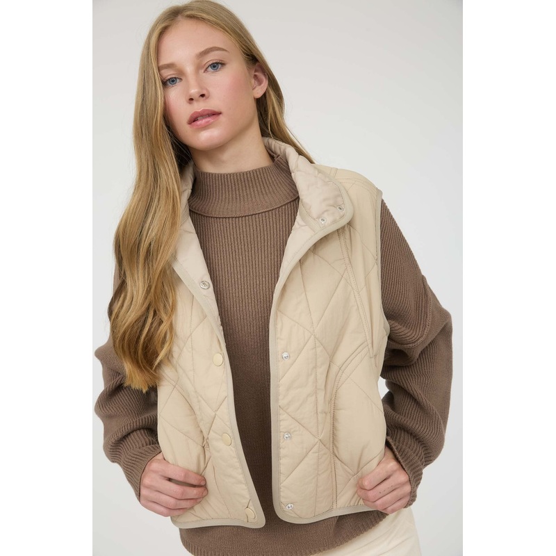 Snap Button Quilted Puffer Vest Khaki Small