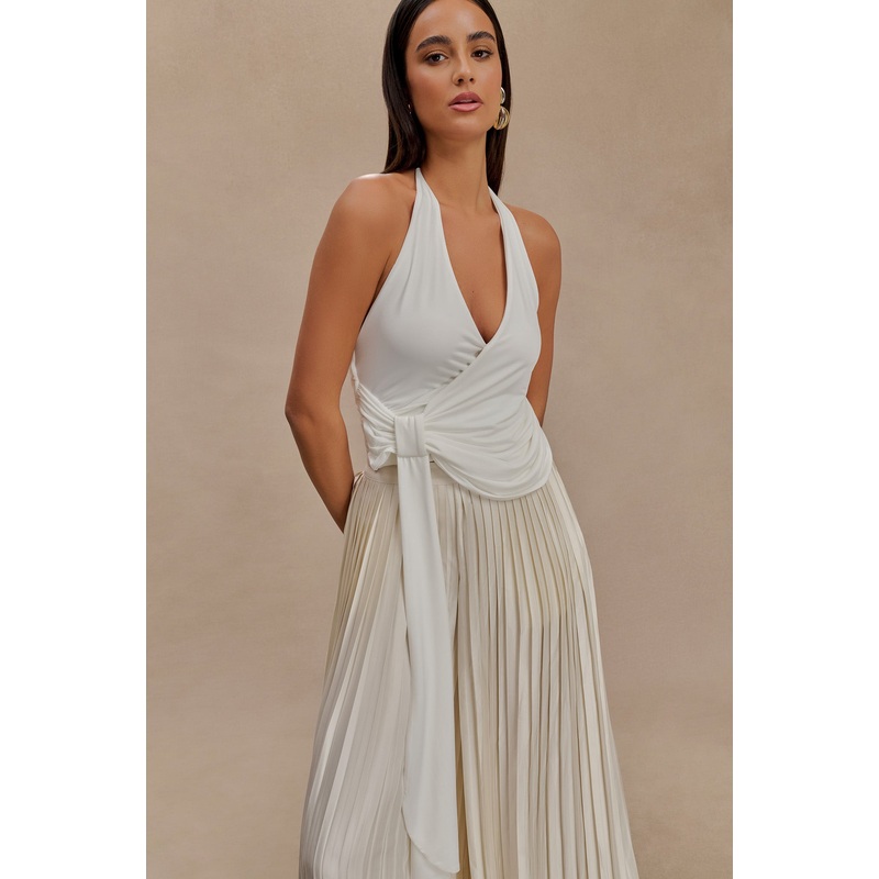 Tyla Draped Slinky Halter Top – White XXS