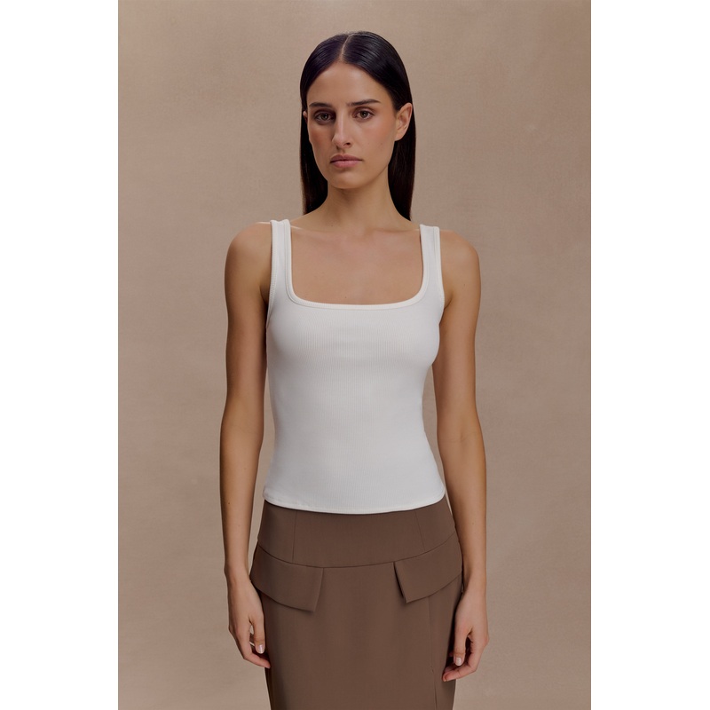 Aisling Ribbed Square Neck Sleeveless Top – Ivory XXS