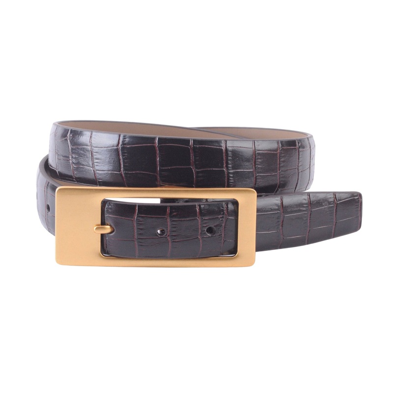 Croco Belt with Asymmetrical Rectangular Gold Buckle Brown/Gold Small