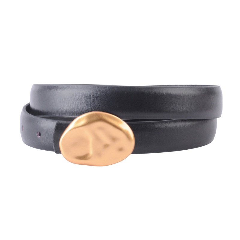 Stitched Clean Leather Belt with Asymmetrical Buckle Black/Gold Small