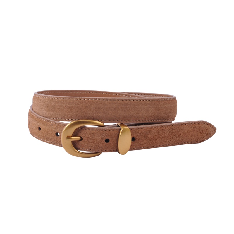 Suede Belt with Gold Curve Buckle Camel Small