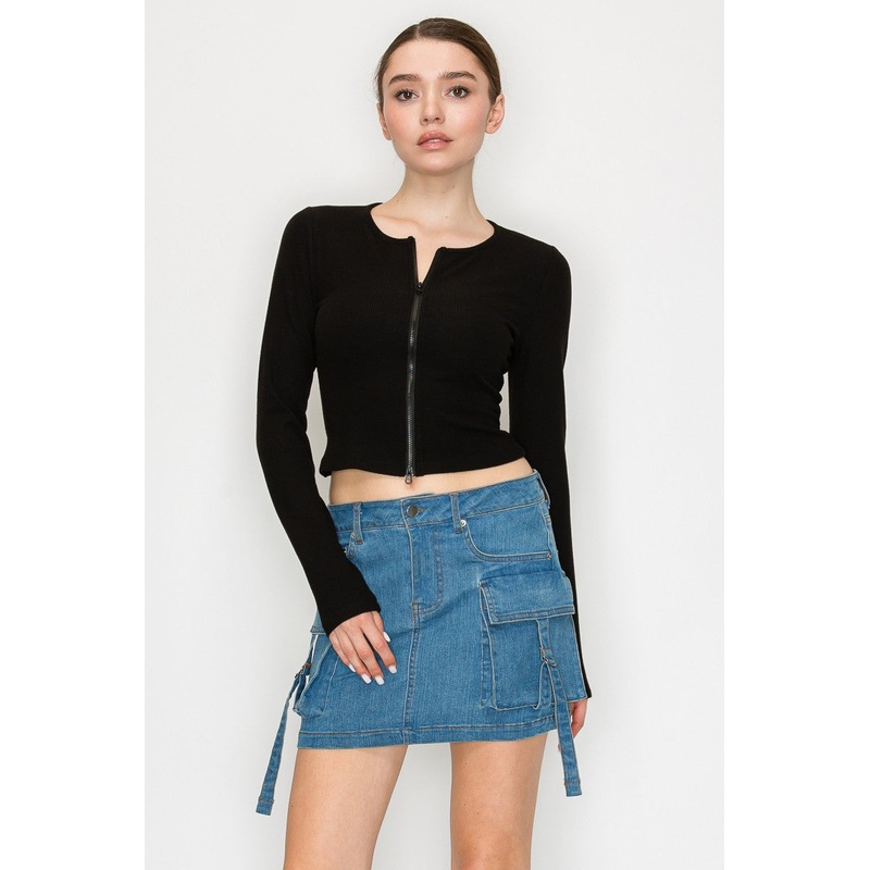 Zippered Ribbed Long Sleeve Top Black Small