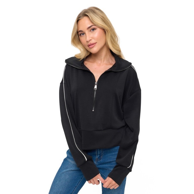 Ariella Zipper Detail Scuba Top w/ Piping Small Black