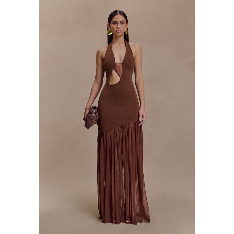 Aubree Crepe And Mesh Maxi Dress – Chocolate/Mocha XXS
