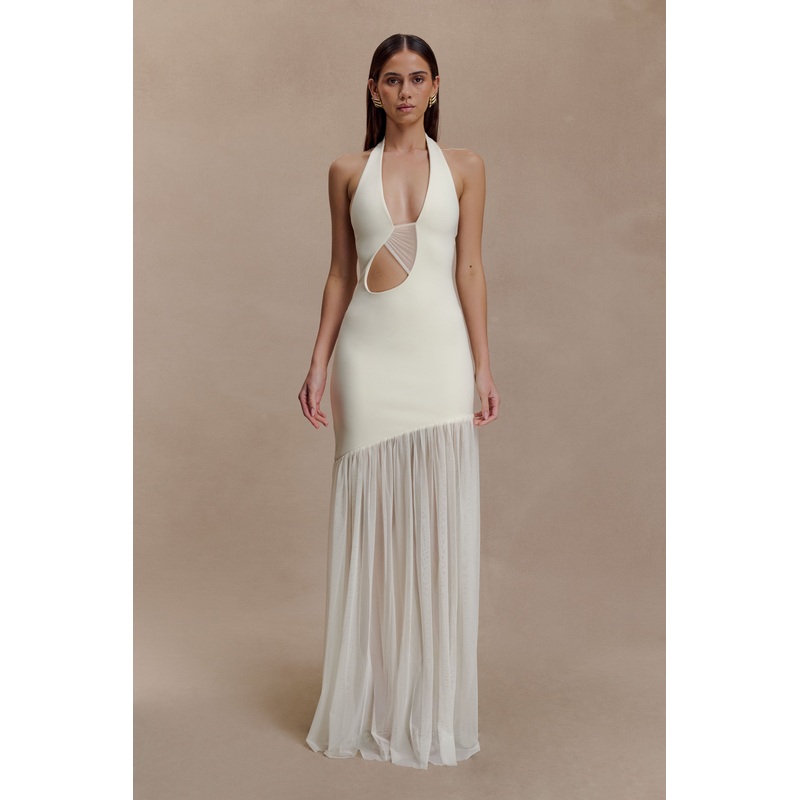Aubree Crepe And Mesh Maxi Dress – Ivory XXS