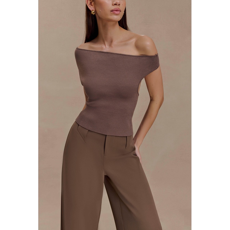 Carley Off Shoulder Knit Top – Cacao Brown XXS