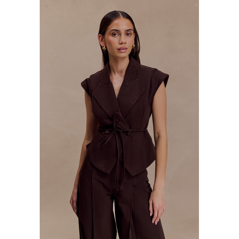 Charley Structured Tie Denim Top – Chocolate XXS