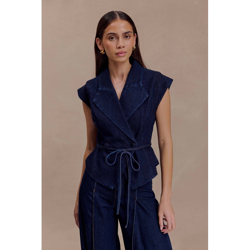 Charley Structured Tie Denim Top – Indigo Blue XXS