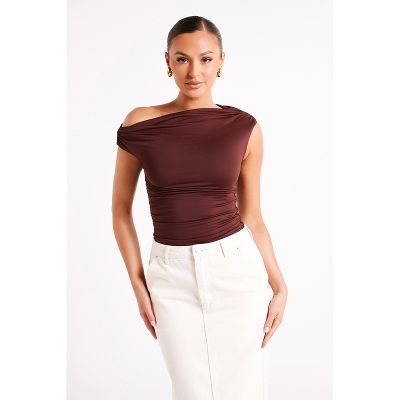 Alayna Recycled Nylon Ruched Top – Chocolate XXS