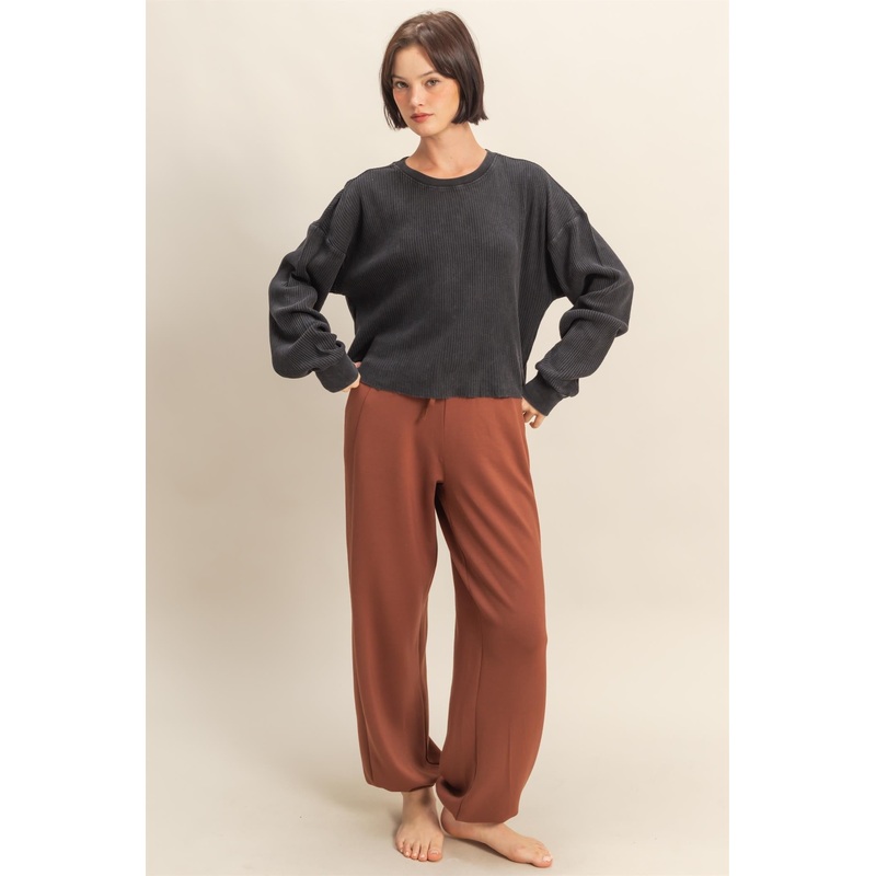 Mineral Wash Waffle Long Sleeve Top Black Small