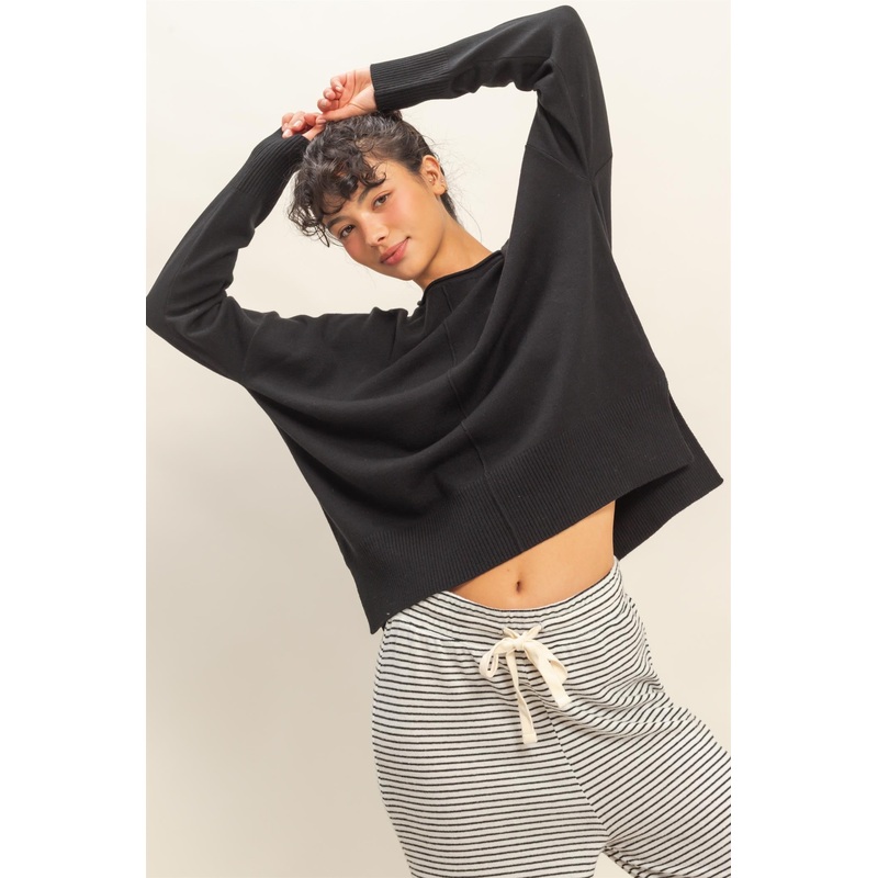 Round Roll Neck Drop Shoulder Sweater Black Small