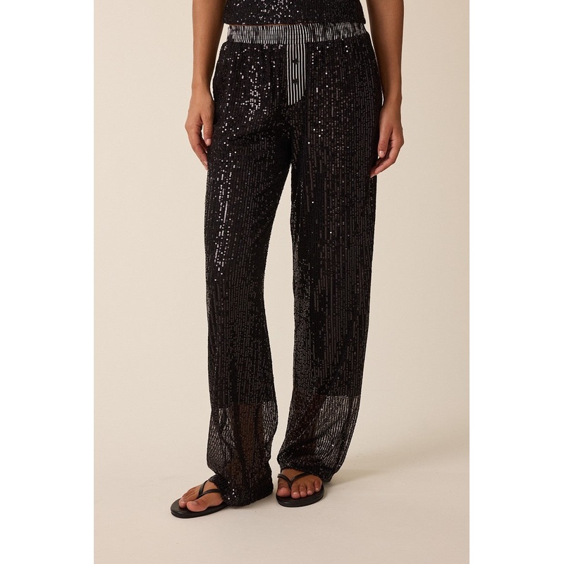 Sequin & Stripe Elastic Waist Pants Black Small