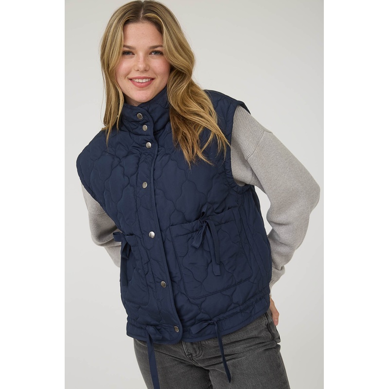 Tie Detail Snap Button Down Quilted Puffer Vest Navy Small