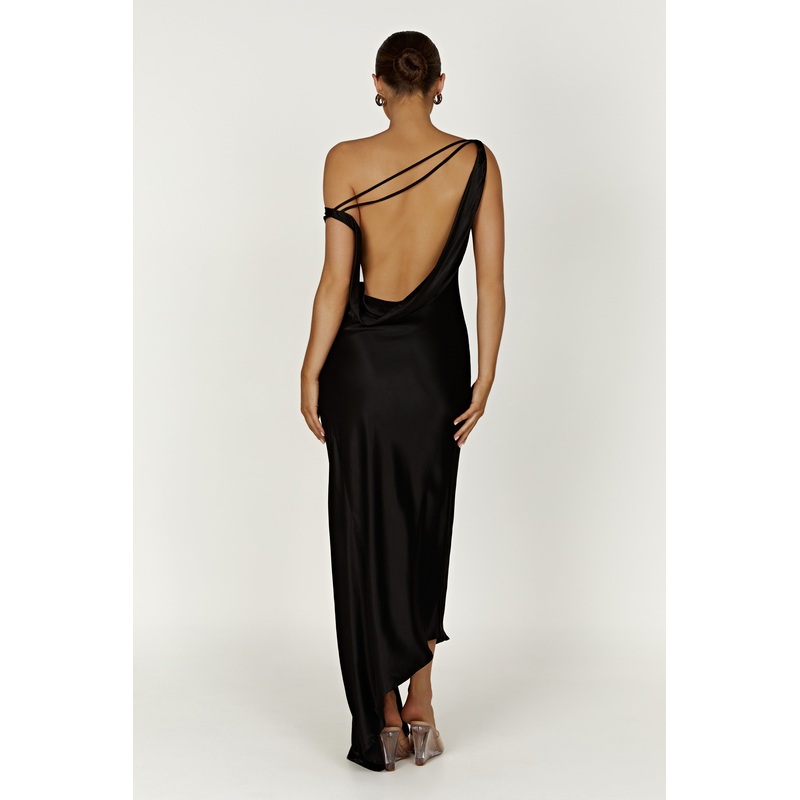 Yvette Slip Maxi Dress With Asymmetrical Hem – Black XXS