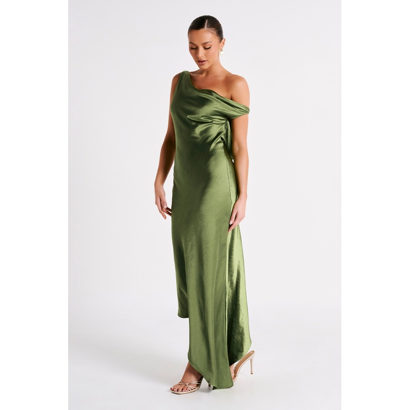 Yvette Slip Maxi Dress With Asymmetrical Hem – Emerald XXS