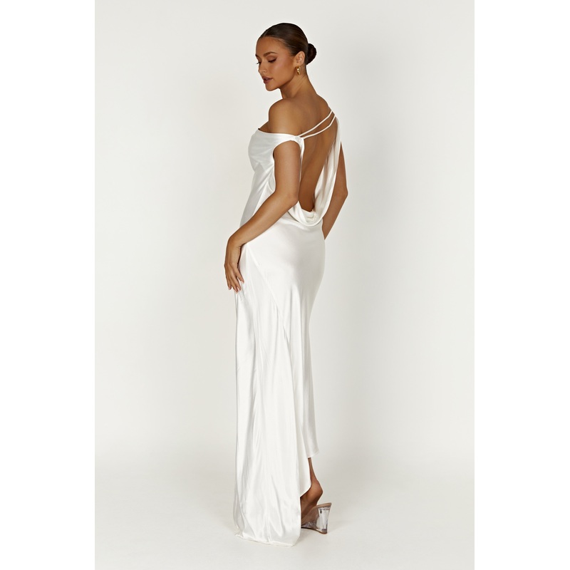 Yvette Slip Maxi Dress With Asymmetrical Hem – White XXS