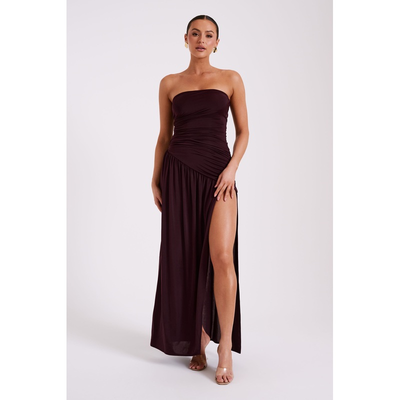 Bex Strapless Slinky Maxi Dress With Split – Burgundy XXS