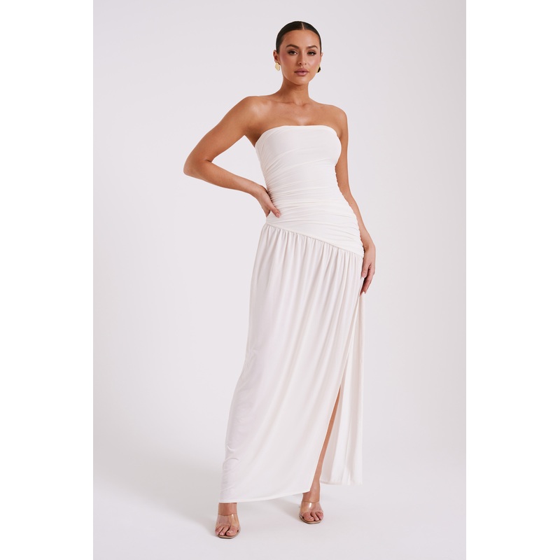 Bex Strapless Slinky Maxi Dress With Split – Ivory XXS