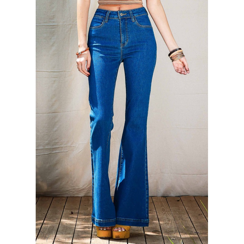 High Rise Flare Jeans With Waist Snap Medium Stone 1
