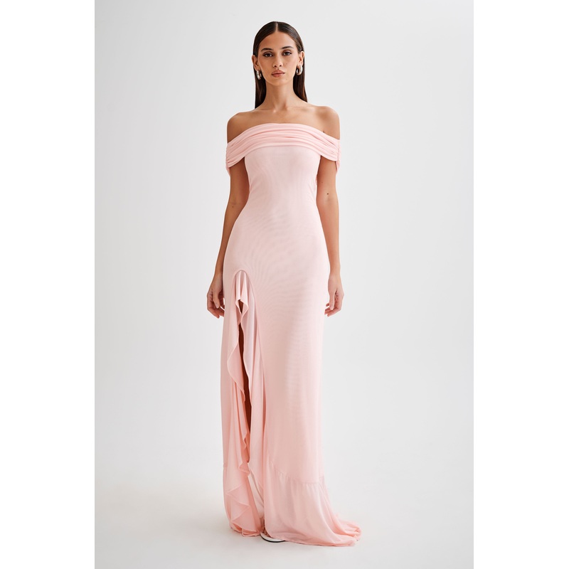 Audrey Off Shoulder Mesh Maxi Dress – Pale Pink XXS