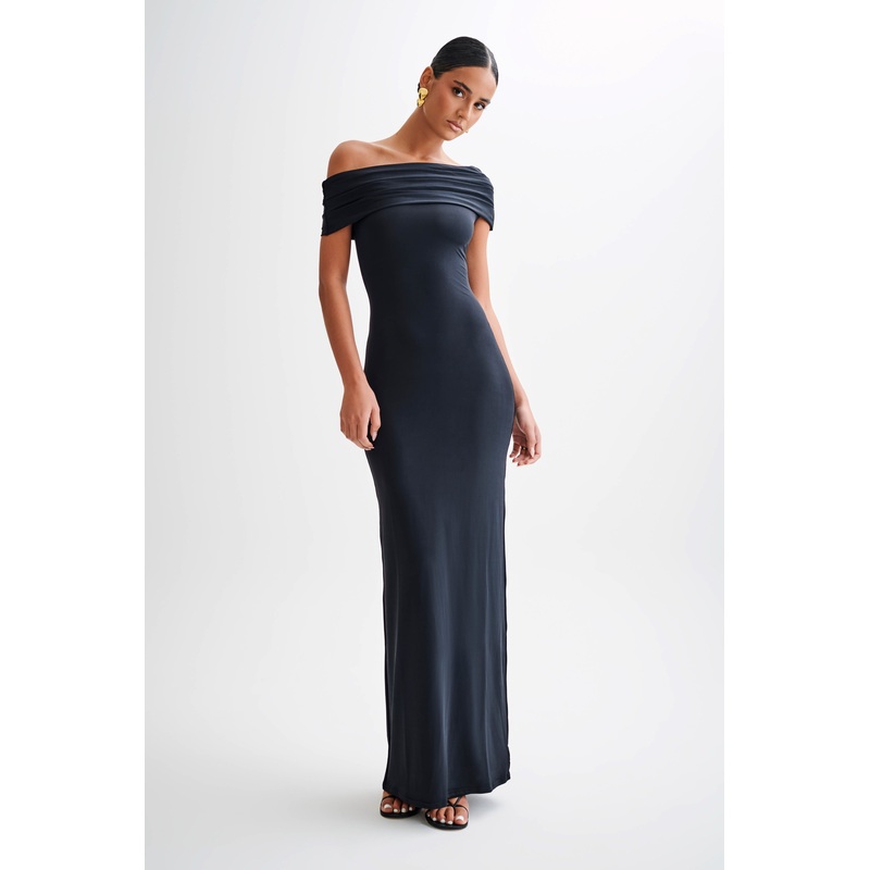 Cassandra Off Shoulder Slinky Maxi Dress – Black XXS