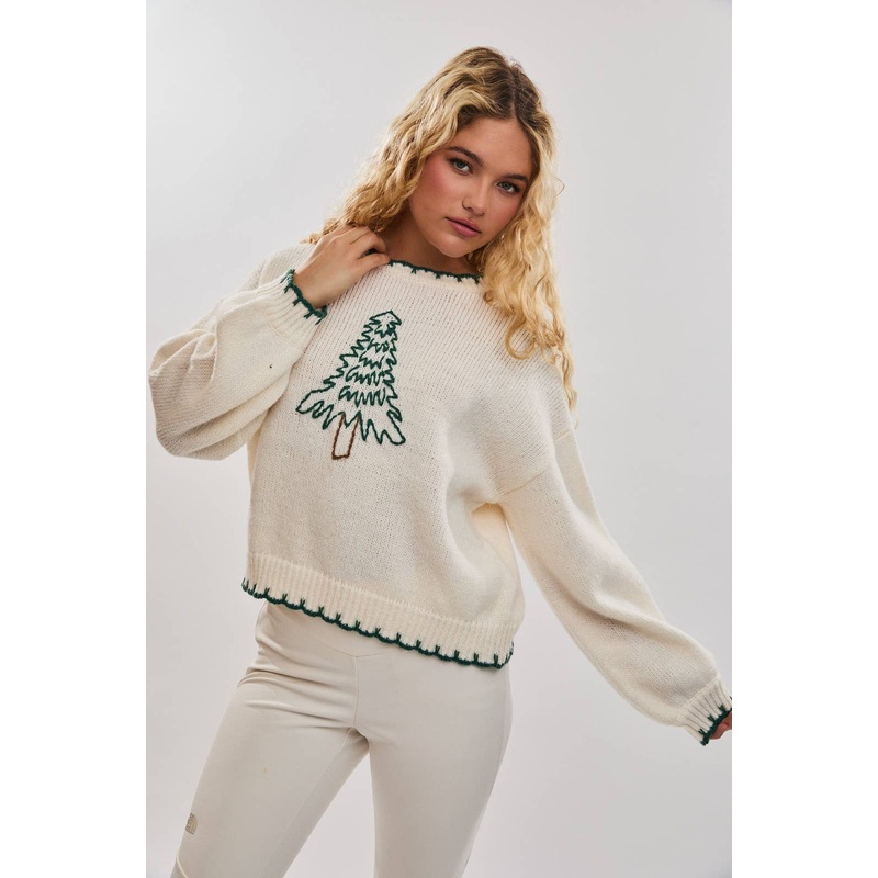 “Christmas Tree” Stitching Oversized Sweater Ivory/Green XSmall