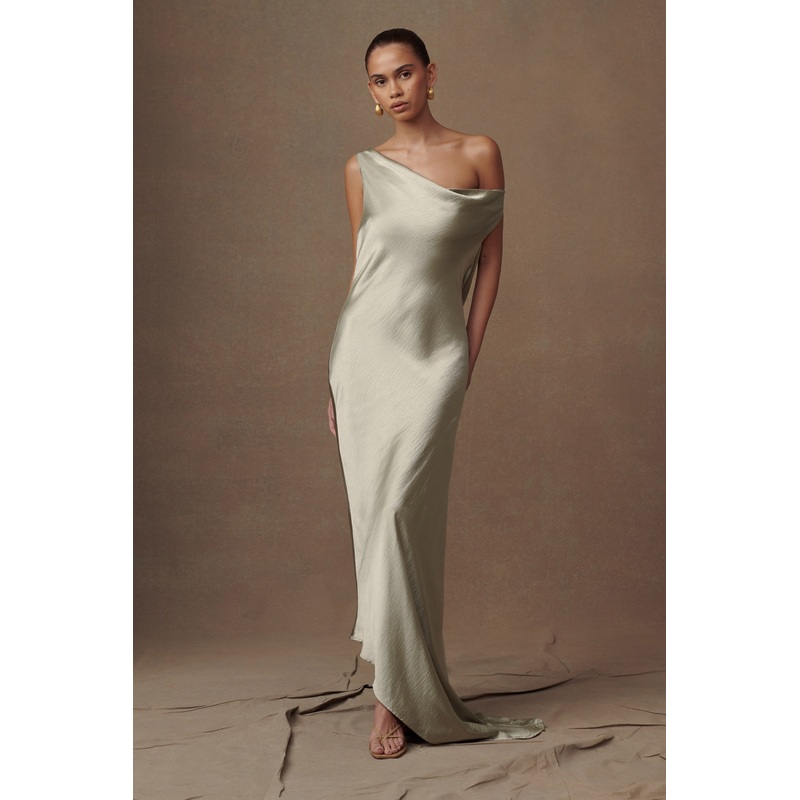 Yvette Slip Maxi Dress With Asymmetrical Hem – Sage XXS