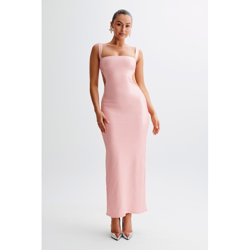 Adoria Sequin Cut Out Maxi Dress – Pale Pink XXS