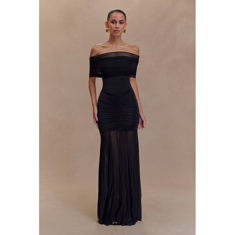 Caspian Slinky And Mesh Off Shoulder Maxi Dress – Black XXS